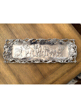 Arthur Court 1997 Cast Aluminum Tray Elephant Jaguars Birds 19" x 6"